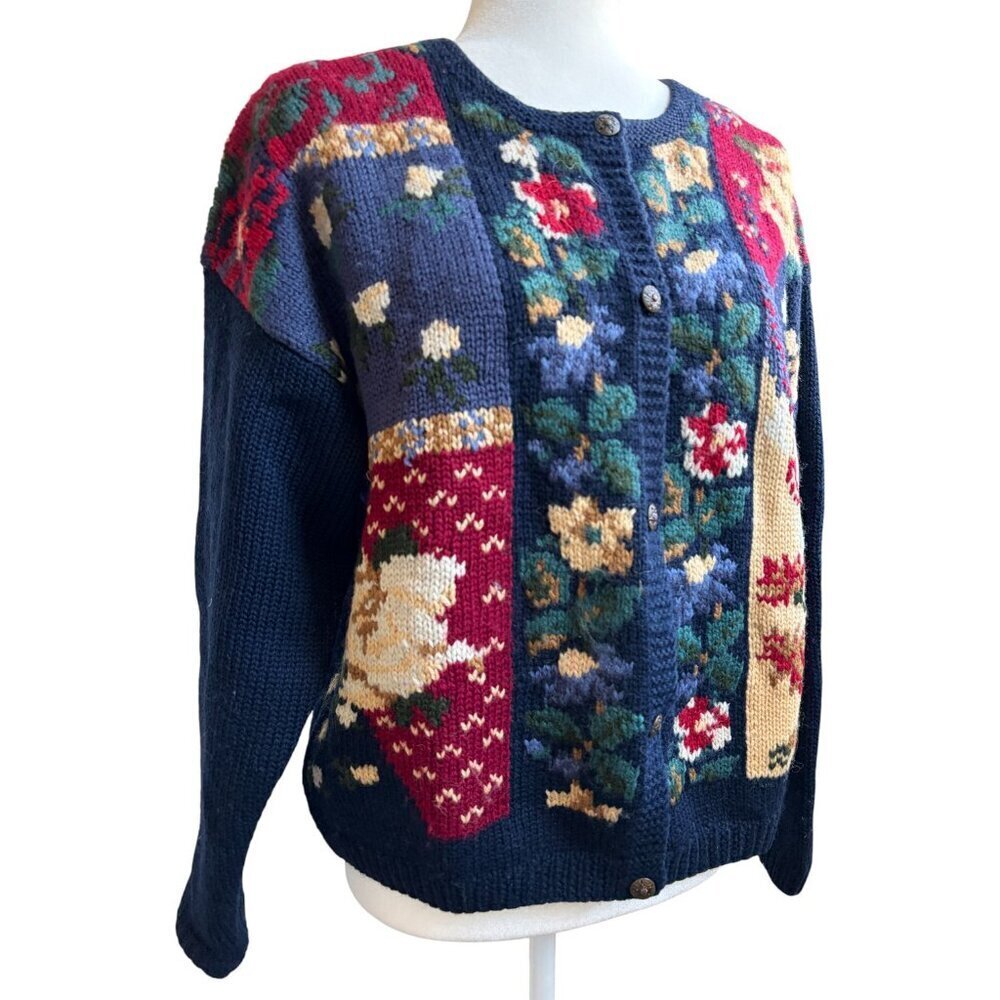 Vintage Talbots Hand Knit 100% Wool Flowers Cardigan Large Cottage Core Floral - Picture 4 of 6